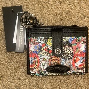 Ed Hardy Black Card Holder with Pink Logo